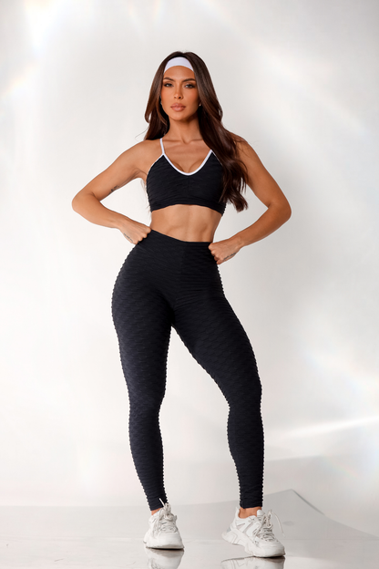 Bubble V-Neck Top- Black with White Trim