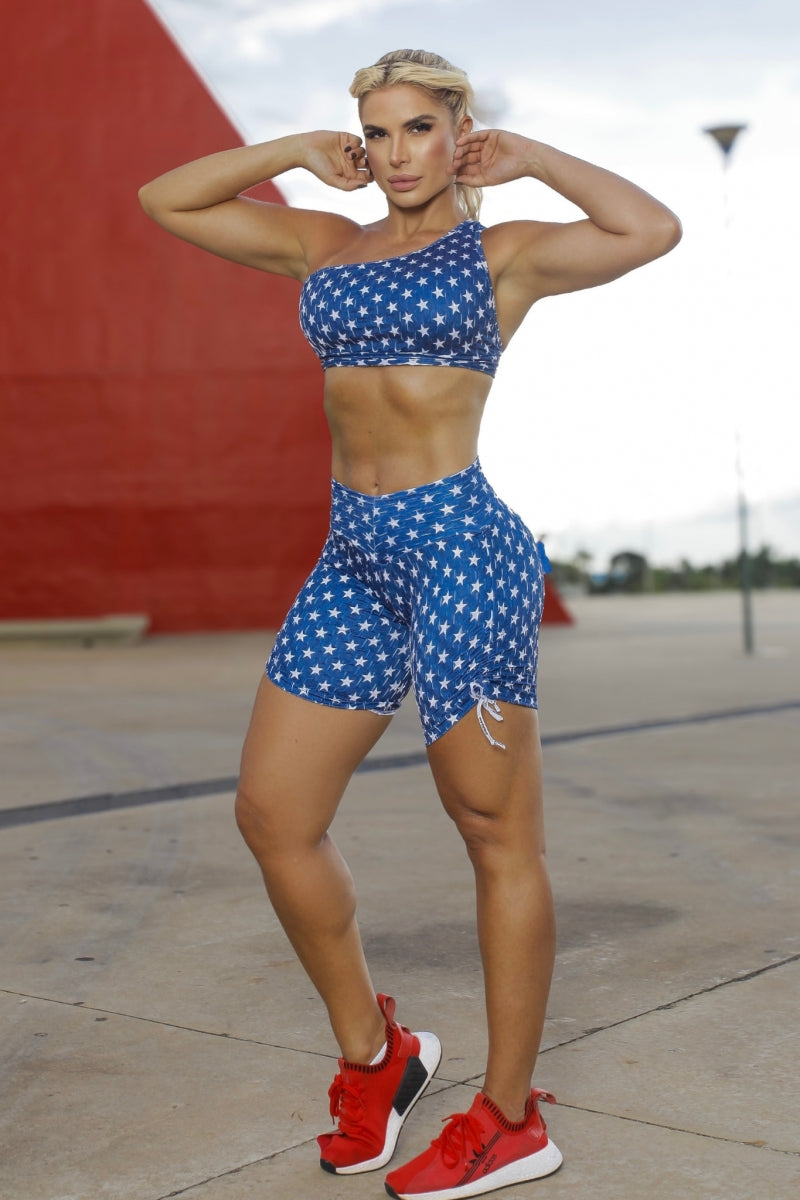 V-Waist Bow Shorts- Blue and White Stars Print