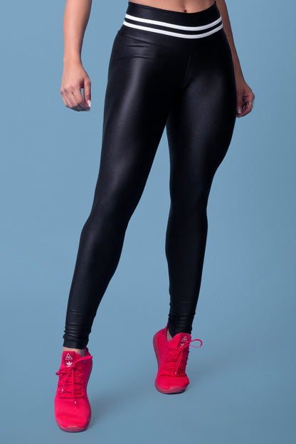 Black Ciré Leggings with White Bias