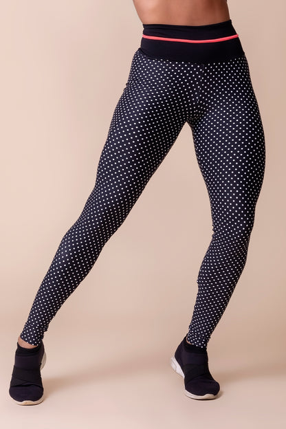 Polka dots Legging with Neon Bias on Waist- Black and White