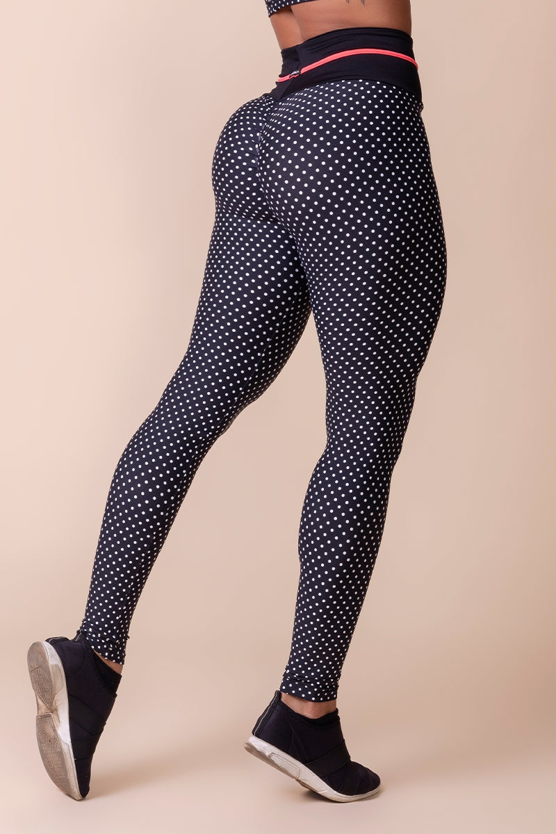 Polka dots Legging with Neon Bias on Waist- Black and White