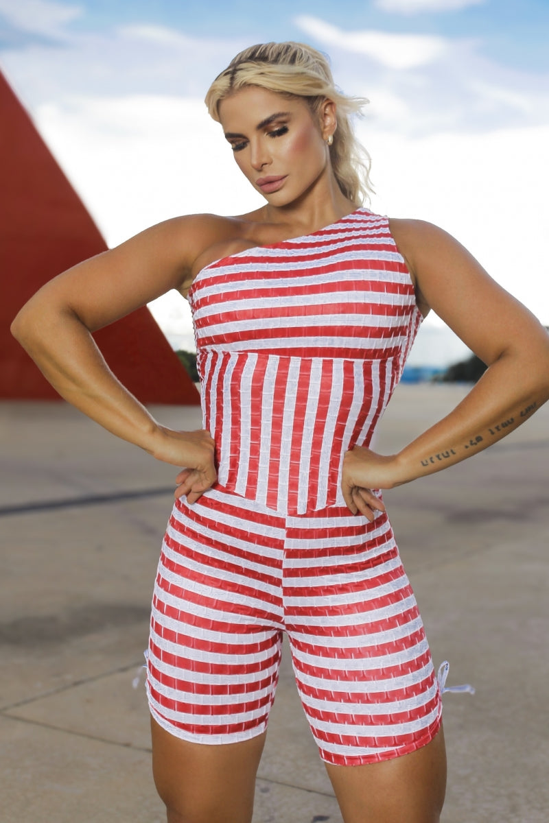 One-Shoulder Striped Tex Romper - Red and White